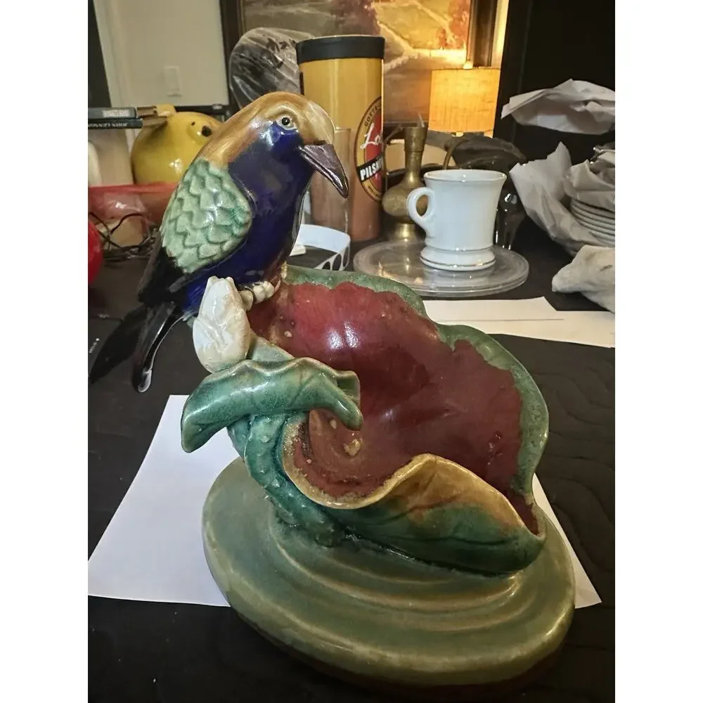 Antique Majolica Bird Perched On Water Lily By Or In Style Of Joseph Holdcroft